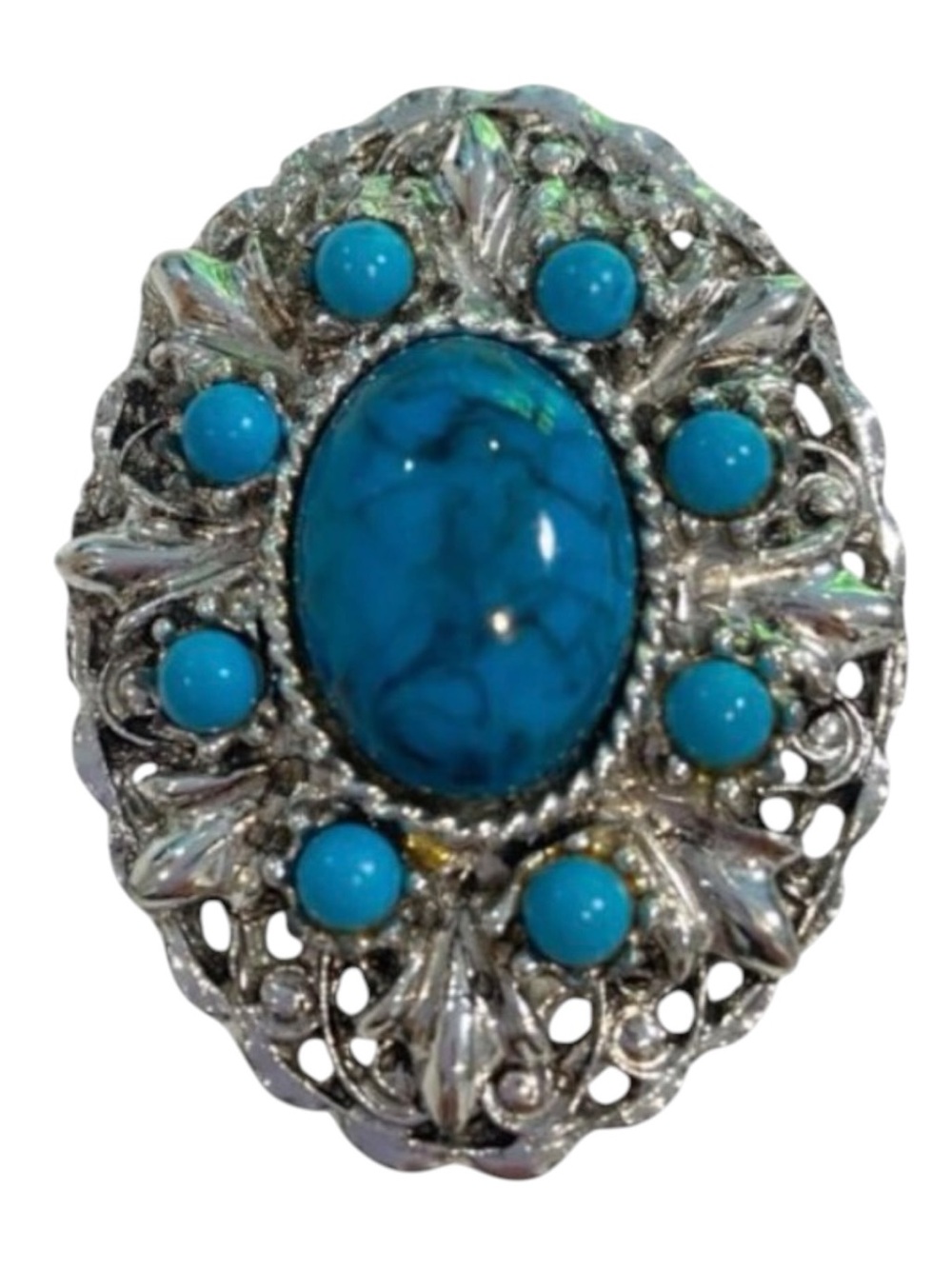 Vintage Silver-Tone Brooch With Faux Turquoise Cabochons & Crystal Accents